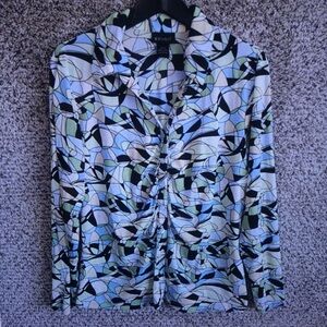Trina Turk Blue, Green & Black Geometric Ruched Button-Front Shirt